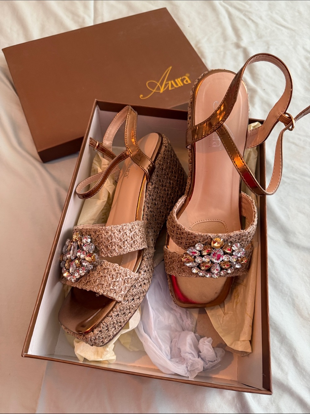 Beaded Woven Platform Sandals in Brown